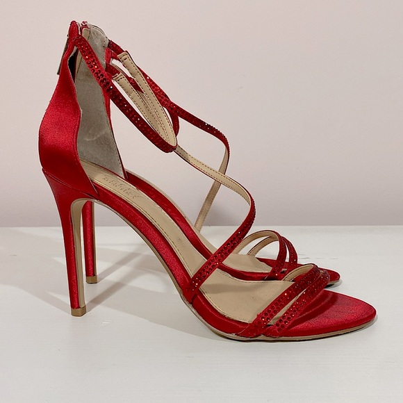 Jewel Badgley Mischka Shoes - Jewel by Badgley Mischka Red Bejeweled Satin Heels